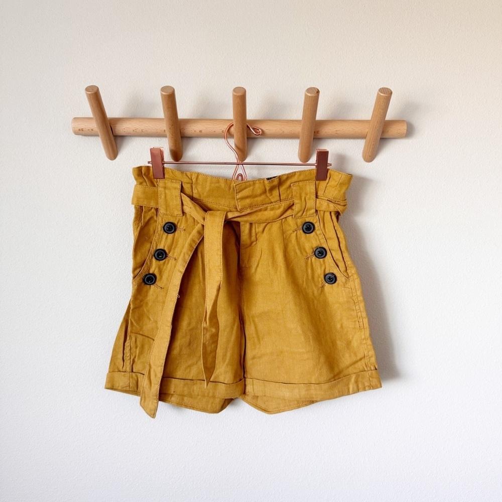 Anthropologie Mustard High-Waist Paperbag Linen Shorts